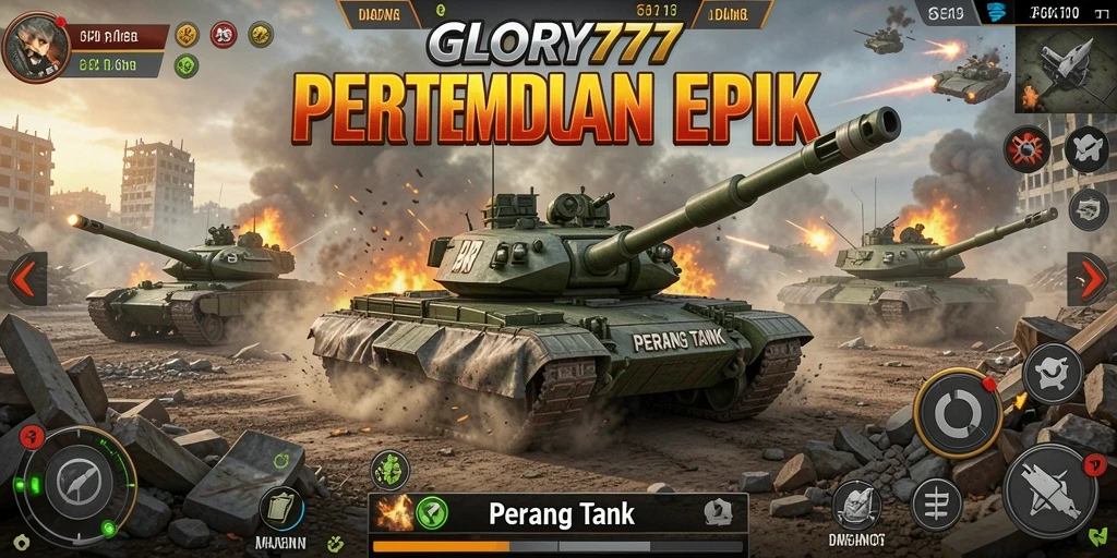 Antarmuka GLORY777 menampilkan pertempuran tank yang seru dan mengesankan.