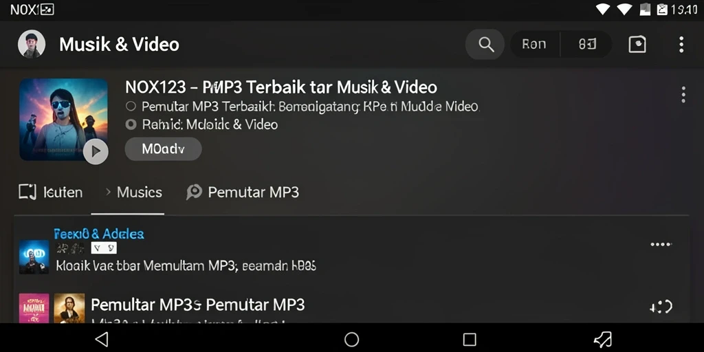 Antarmuka utama NOX123 menampilkan fitur Pemutar MP3 yang user-friendly.